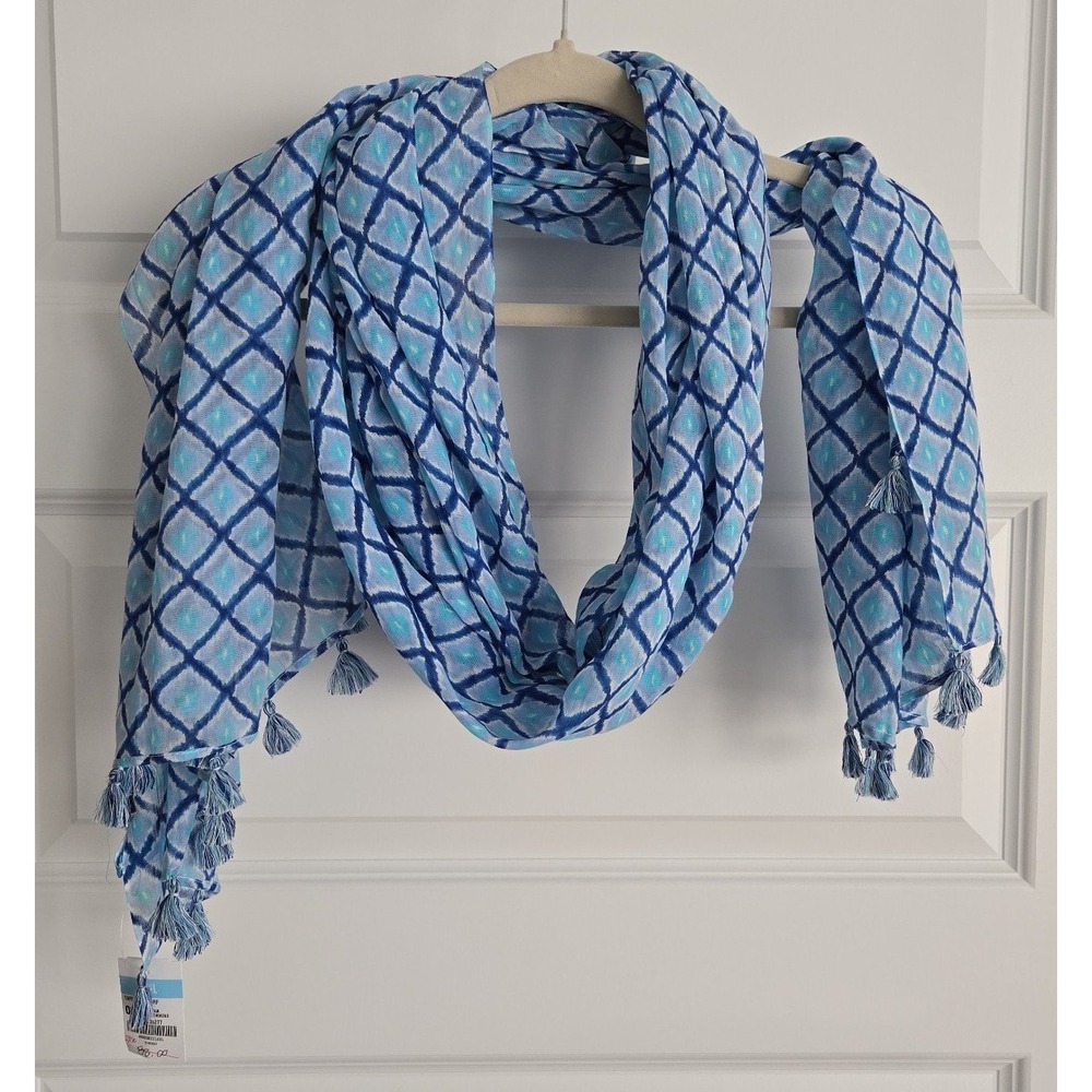 J. McLaughlin Blue & Aqua Geometric Tassel Scarf
